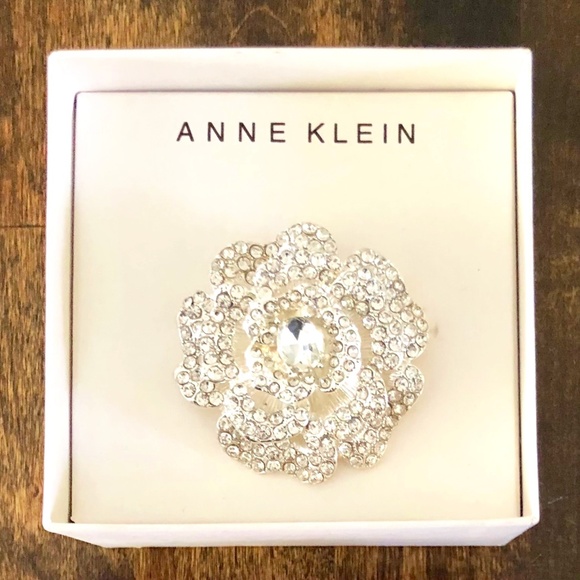 Anne Klein Rose Pin Brooch Silver with Clear Rhinestones Sparkly Lapel - Picture 1 of 6